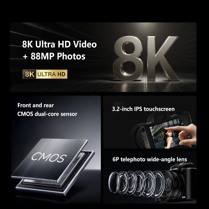 Caméra Numérique Double Objectif 1080P – Autofocus, Zoom 16x, Écran Tactile, Voyage