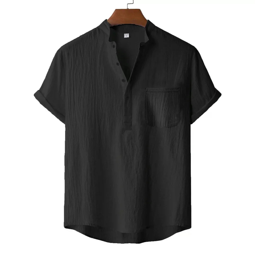 T-Shirt Homme Coton & Lin – Col Henley, Manches Courtes, Style Plage & Vacances