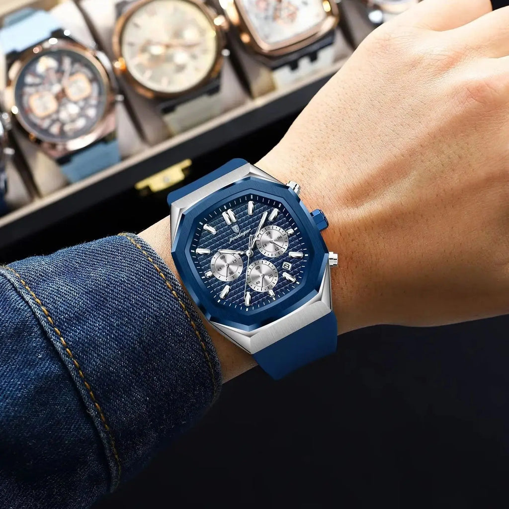 POEDAGAR Montre Quartz Homme Chronographe Carré Silicone Lumineux Date Auto – CLEVI Paris