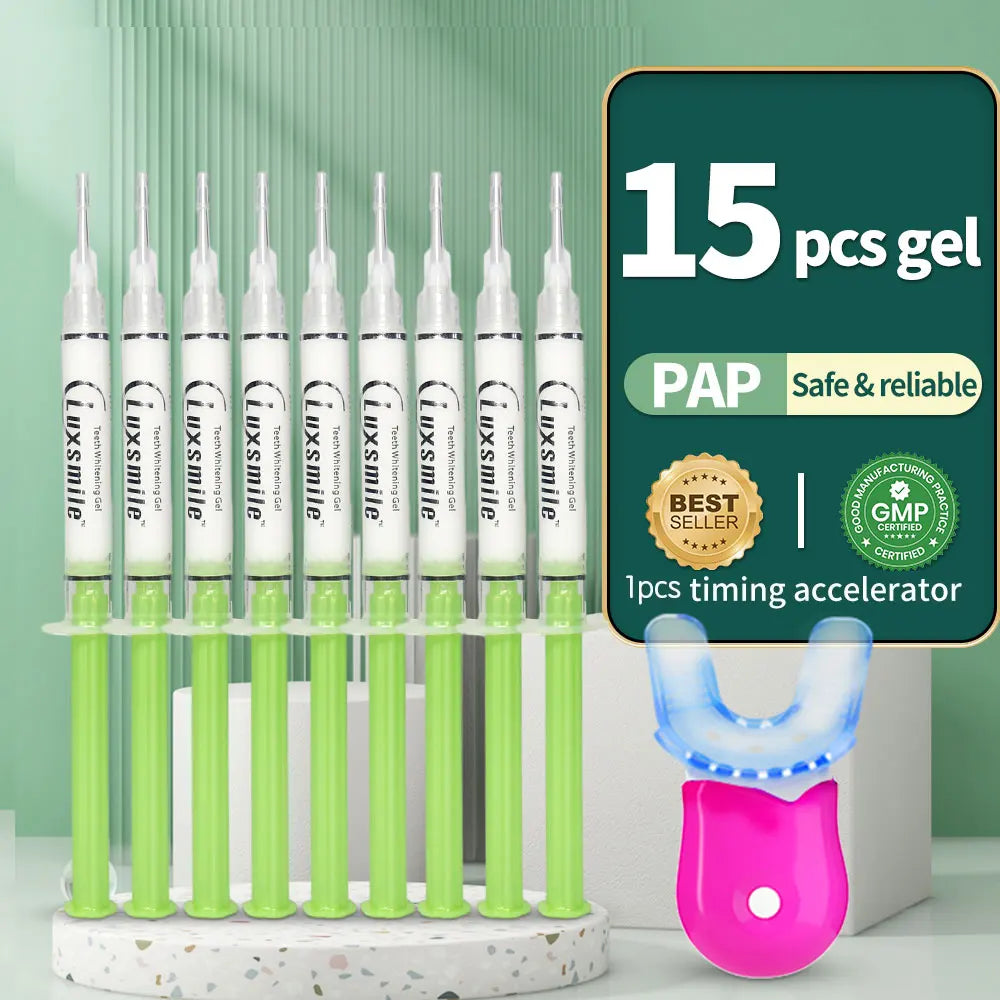 Kit Blanchiment Dentaire PAP Luxsmile | 15 Doses Gel + Lumière LED | Sans Peroxyde, Dents Sensibles – CLEVI Paris
