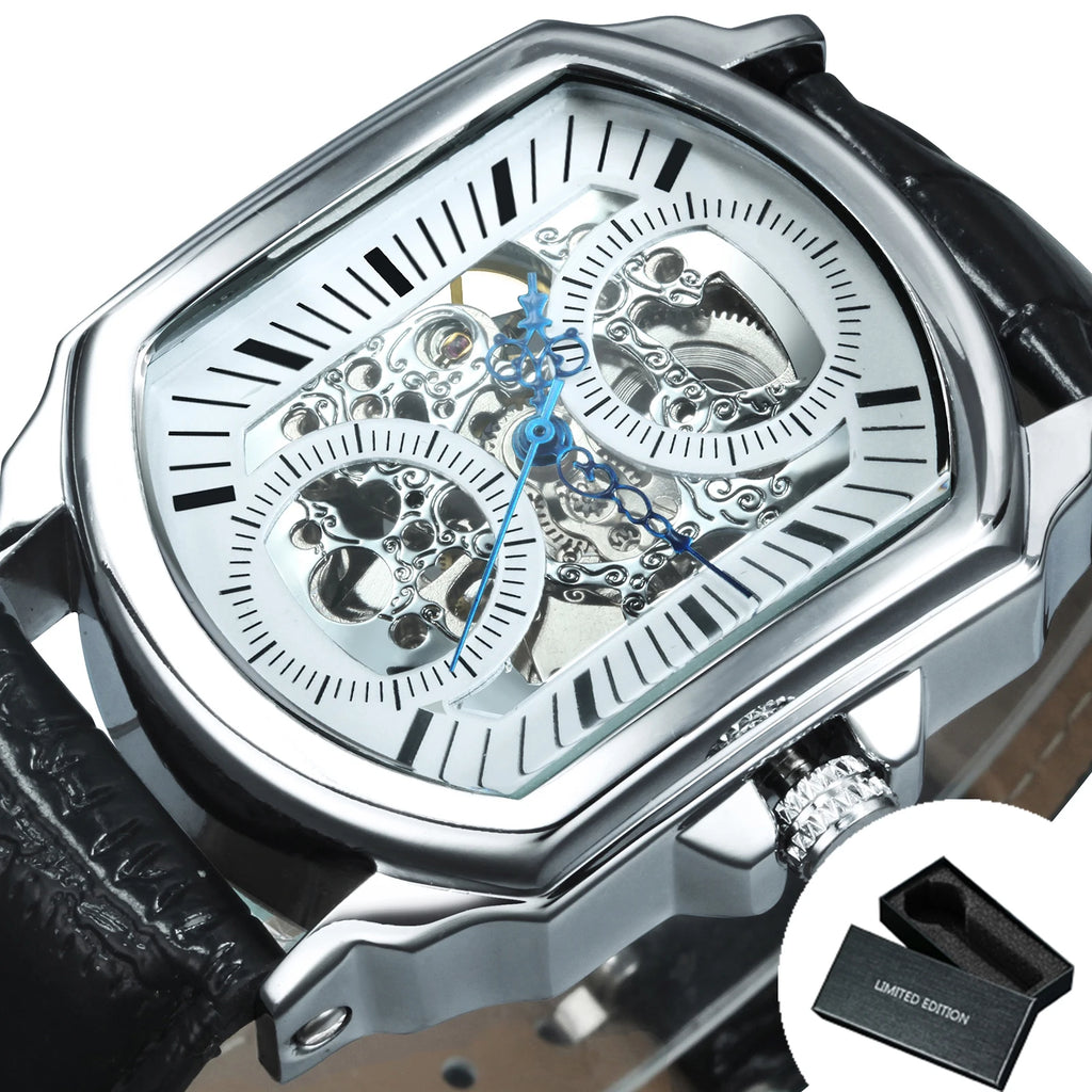 FORSINING Montre Homme Automatique Squelette Rectangle Cuir Aiguilles Bleues – CLEVI Paris