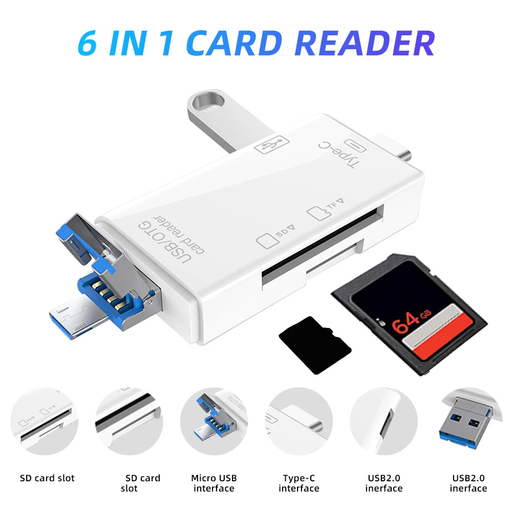 Lecteur SD/TF 6-en-1 USB-C/USB-A/Micro USB 5 Gbps – CLEVI Paris