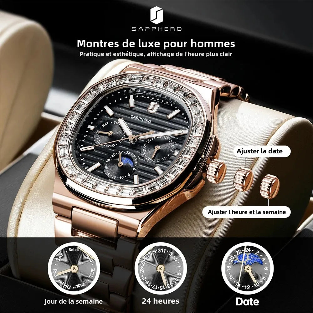 Montre SAPPHERO SO2201 – Quartz Or Rose, Cadran Diamant, Acier Inoxydable 40 mm, Aiguilles Lumineuses, Anti-Magnétique, Étanche 3 ATM – CLEVI Paris