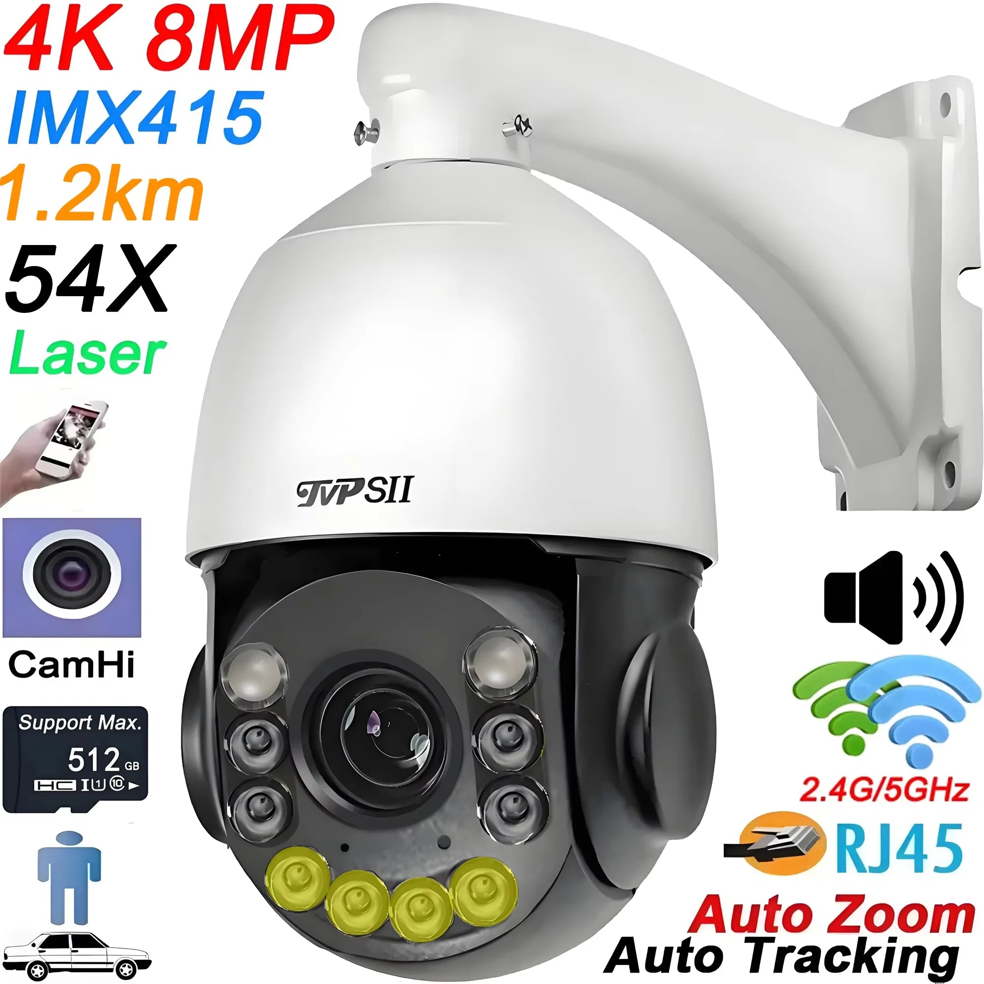 Caméra PTZ Speed Dome 4K 8MP Zoom Optique 54x – Laser IR 200m Vision Nocturne Couleur WiFi – CLEVI Paris