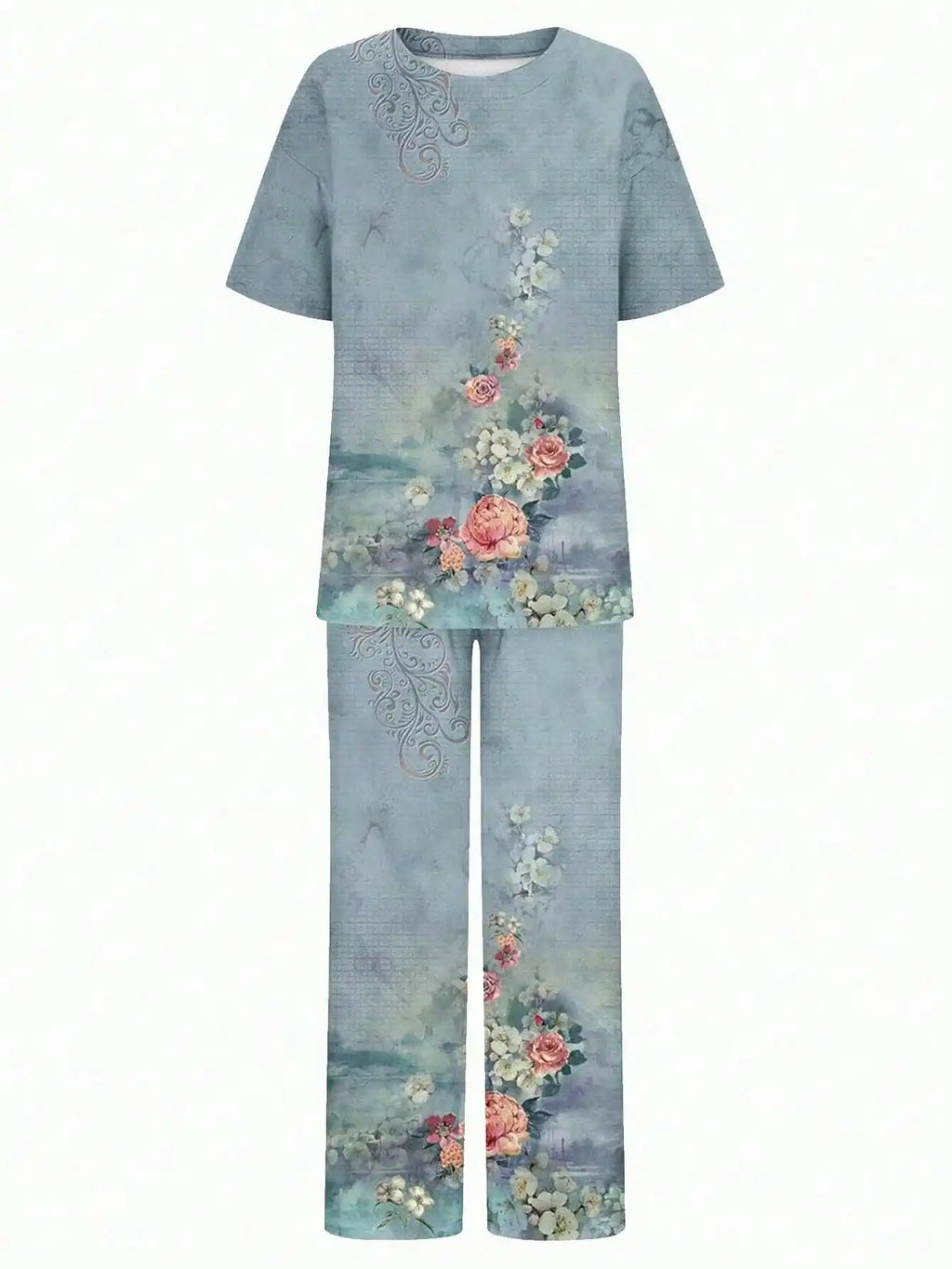 Ensemble 2 Pièces Femme Top Col Rond + Pantalon Imprimé Floral Vintage Stretch – CLEVI Paris