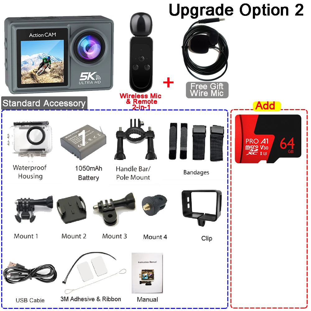 Action Cam HUAFANT M4R 5K 4K60fps – EIS 6 Axes, Grand Angle 170°, Étanche 30m, Micro Sans Fil, Double Écran IPS, WiFi – CLEVI Paris