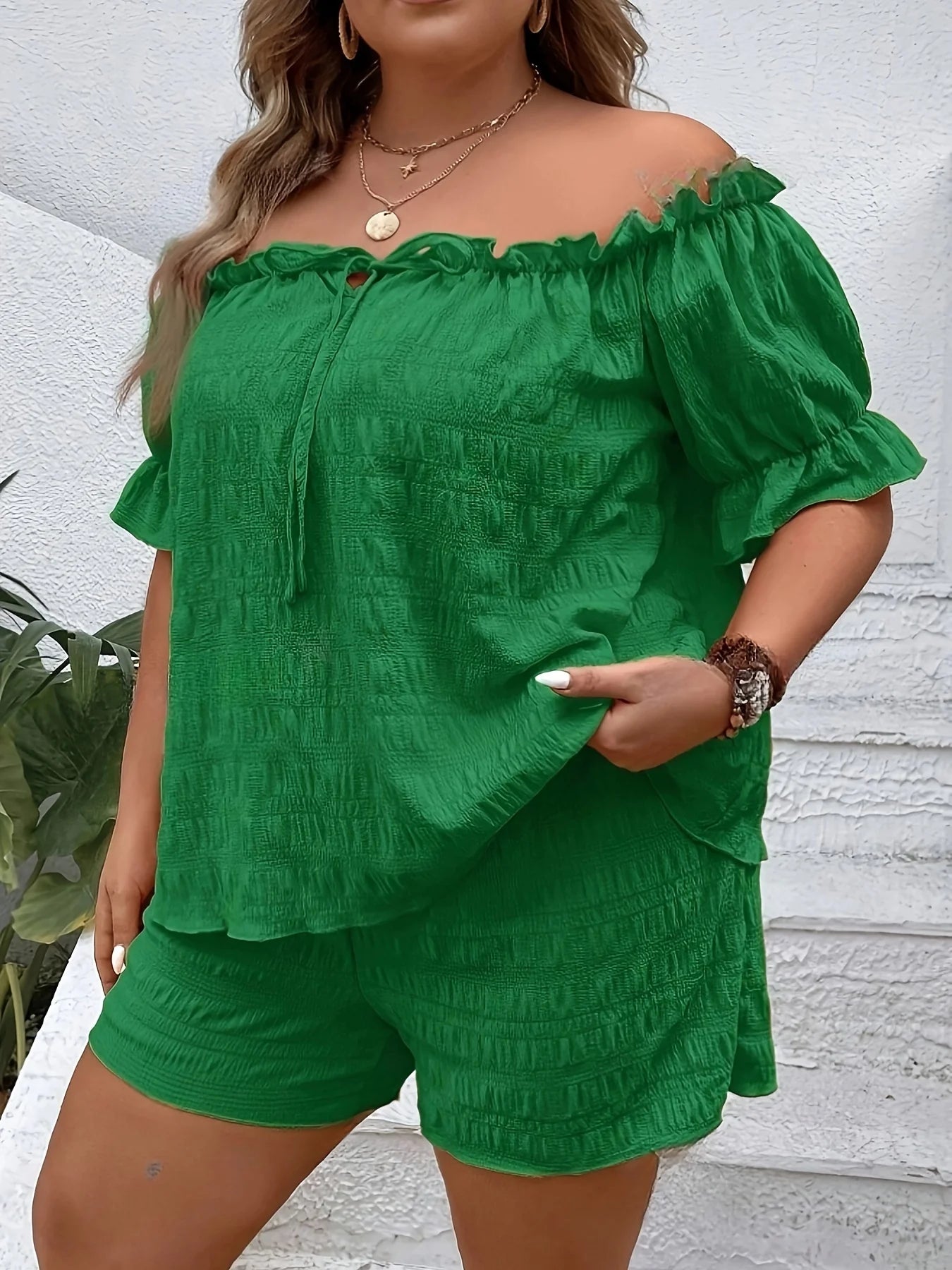 Ensemble 2 Pièces Femme Grande Taille Top Épaules Dénudées + Short Uni Casual Vacances – CLEVI Paris