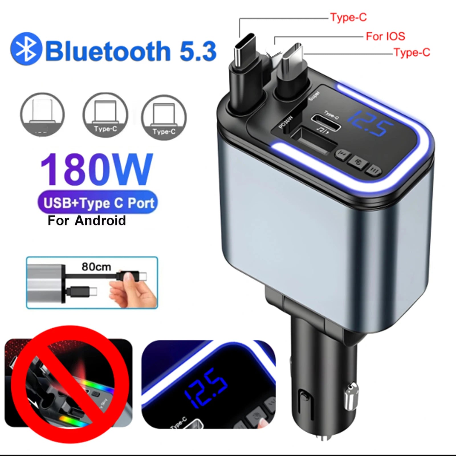 Émetteur FM Voiture 180W – Charge Rapide PD QC3.0 Bluetooth 5.3 Mains Libres Lecteur USB/TF Affichage Tension – CLEVI Paris