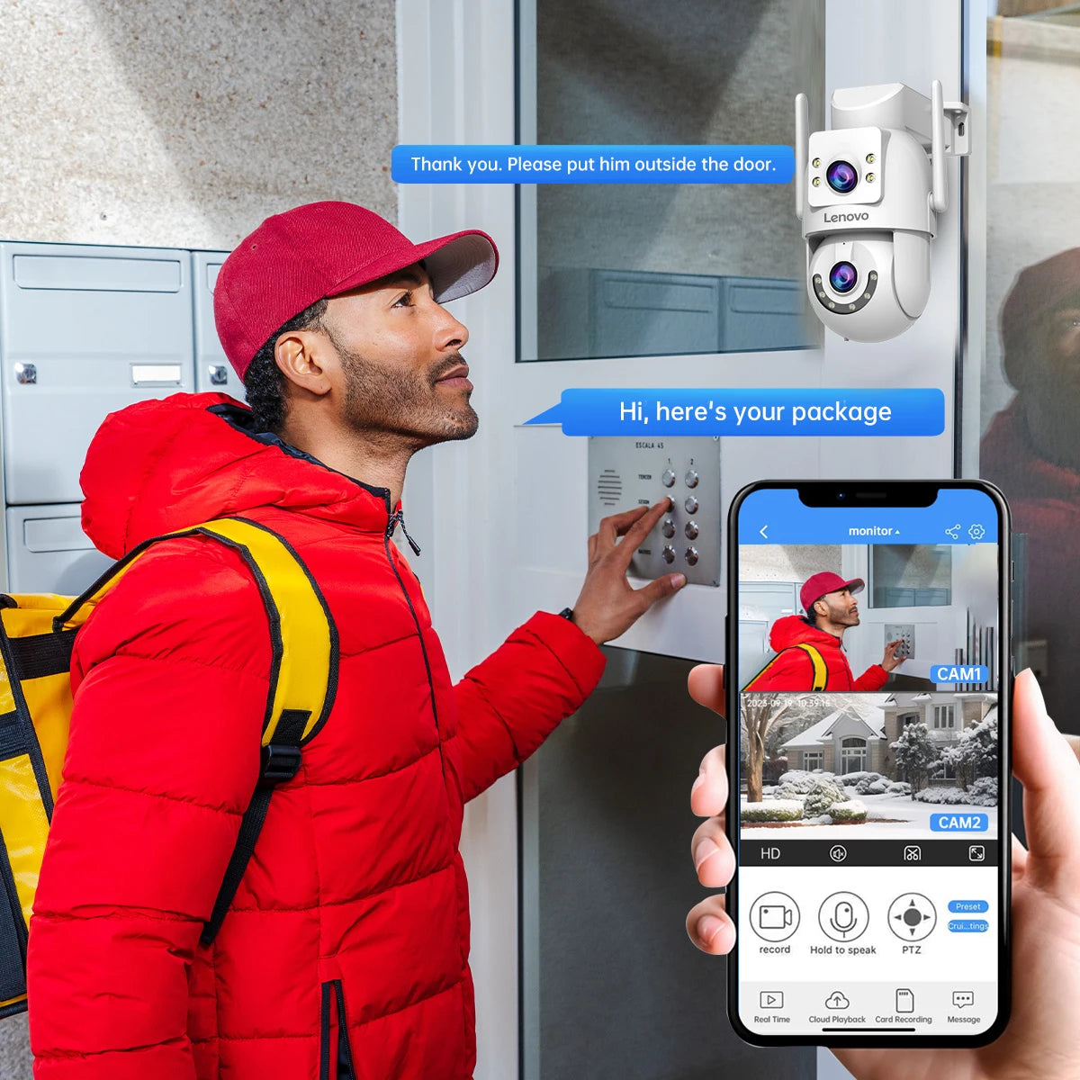 Caméra de Surveillance Extérieure Lenovo Double Objectif PTZ 2K/4K – Vision Nocturne Couleur IP66 – CLEVI Paris