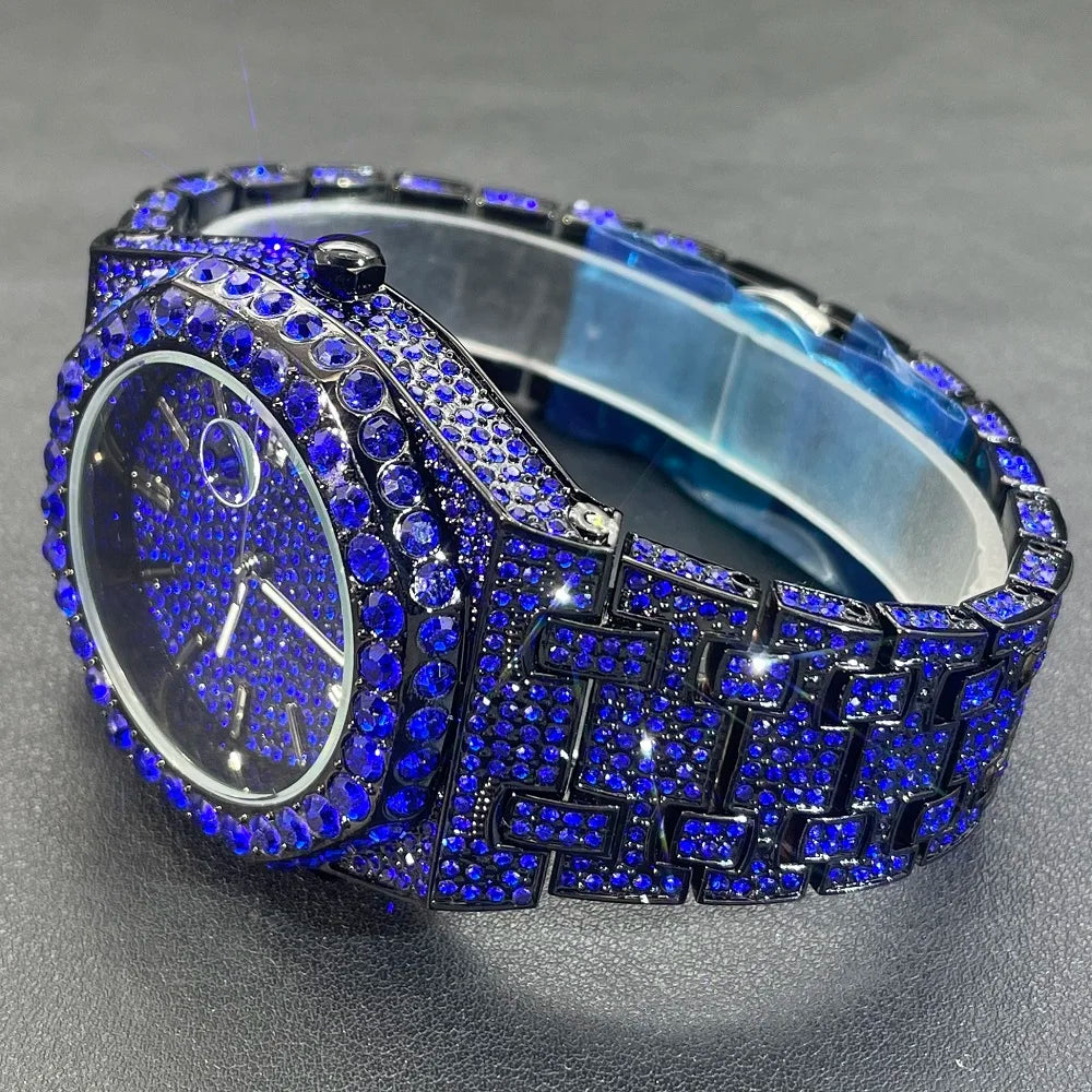 MISSFOX V359 – Montre Quartz Homme Hip Hop | Full Diamants, Plaqué Or 18K, Acier Inoxydable