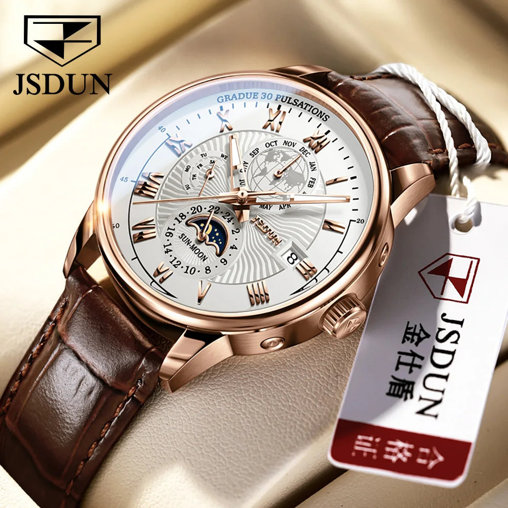 Montre JSDUN 8909 – Automatique, Phase de Lune, Calendrier, Chiffres Romains, Bracelet Cuir, Étanche 5 ATM – CLEVI Paris
