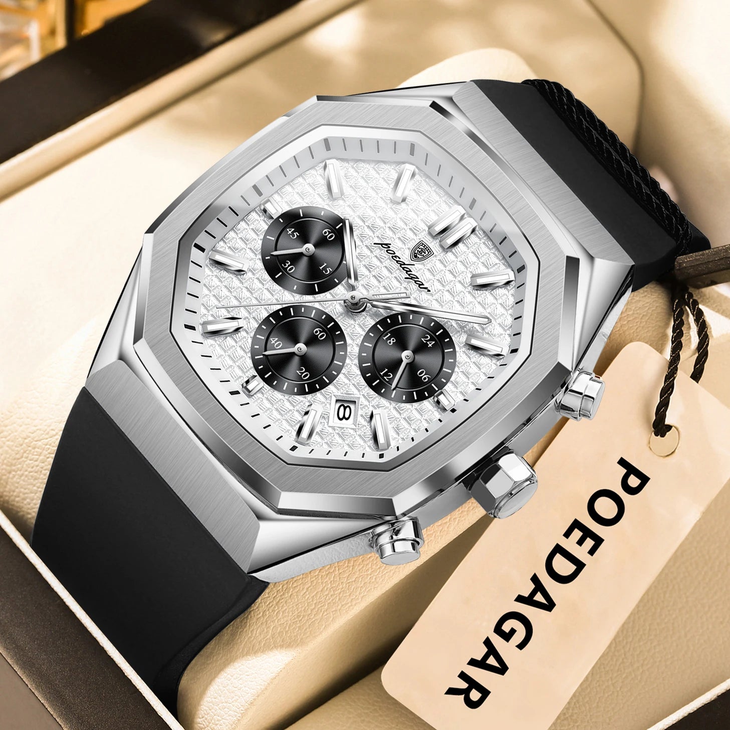 POEDAGAR Montre Quartz Homme Chronographe Carré Silicone Lumineux Date Auto – CLEVI Paris