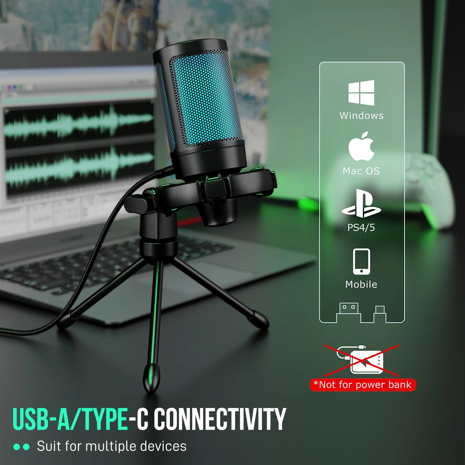 Microphone USB Gaming FIFINE AmpliGame A2 — RGB, Condensateur Cardioïde, Mute Tactile, Trépied | CLEVI Paris