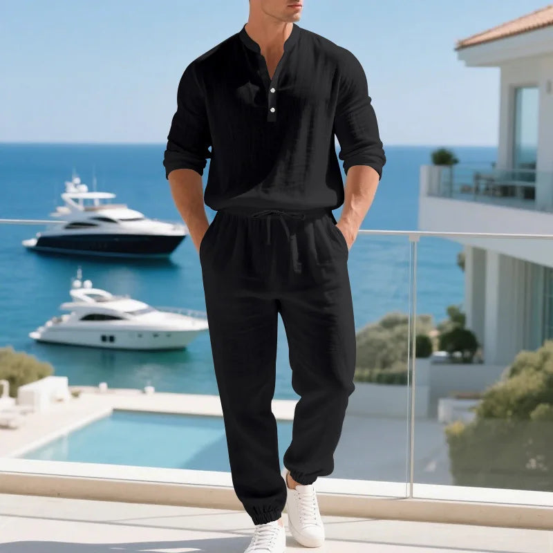 Ensemble 2 Pièces Homme Lin Col Henley Manches Longues + Pantalon Style Casual Américain Automne – CLEVI Paris