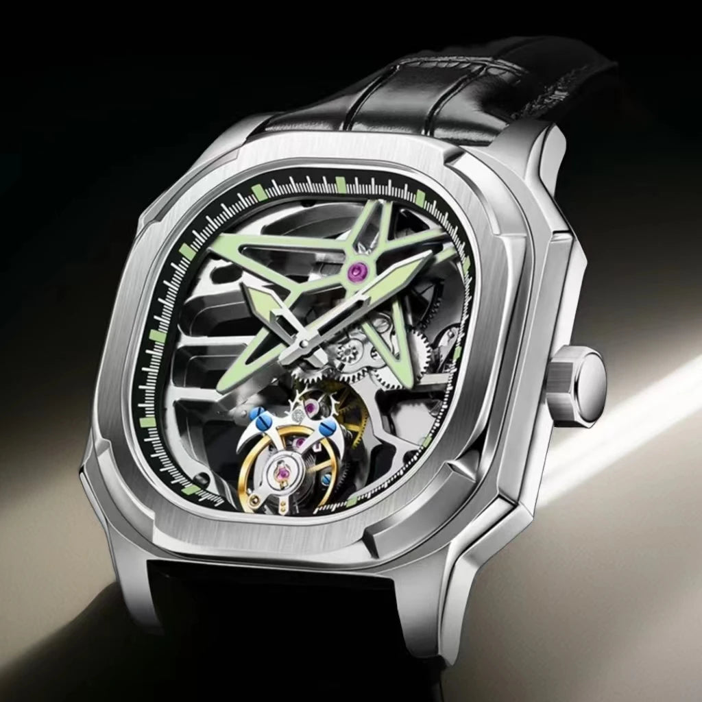 Montre AESOP 7052 – Tourbillon Mécanique Squelette, Diamant Naturel, Verre Saphir, Acier 316L, Cuir, Étanche 5 ATM, Garantie 3 ans – CLEVI Paris