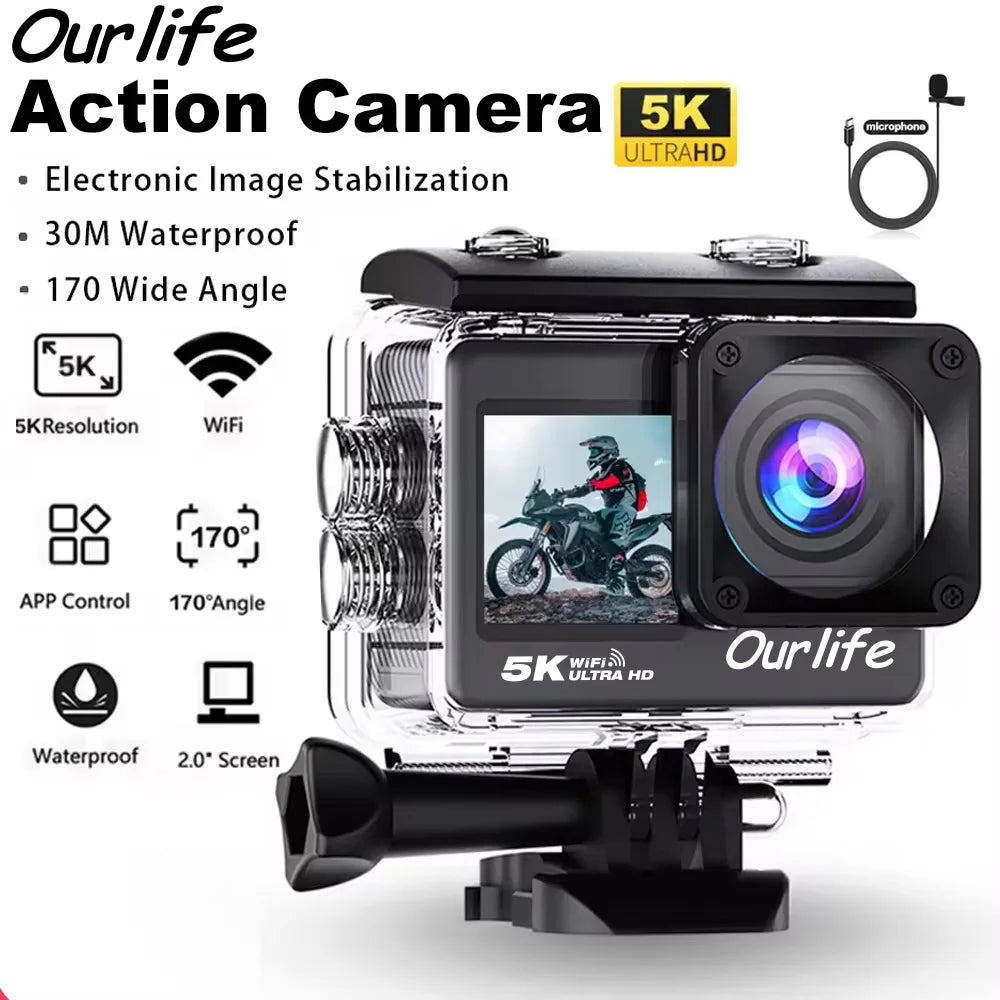 Action Cam OURLIFE 5K 4K60fps – Grand Angle 170°, Écran Tactile 2", EIS, Étanche 30m, WiFi, Vélo & Moto – CLEVI Paris