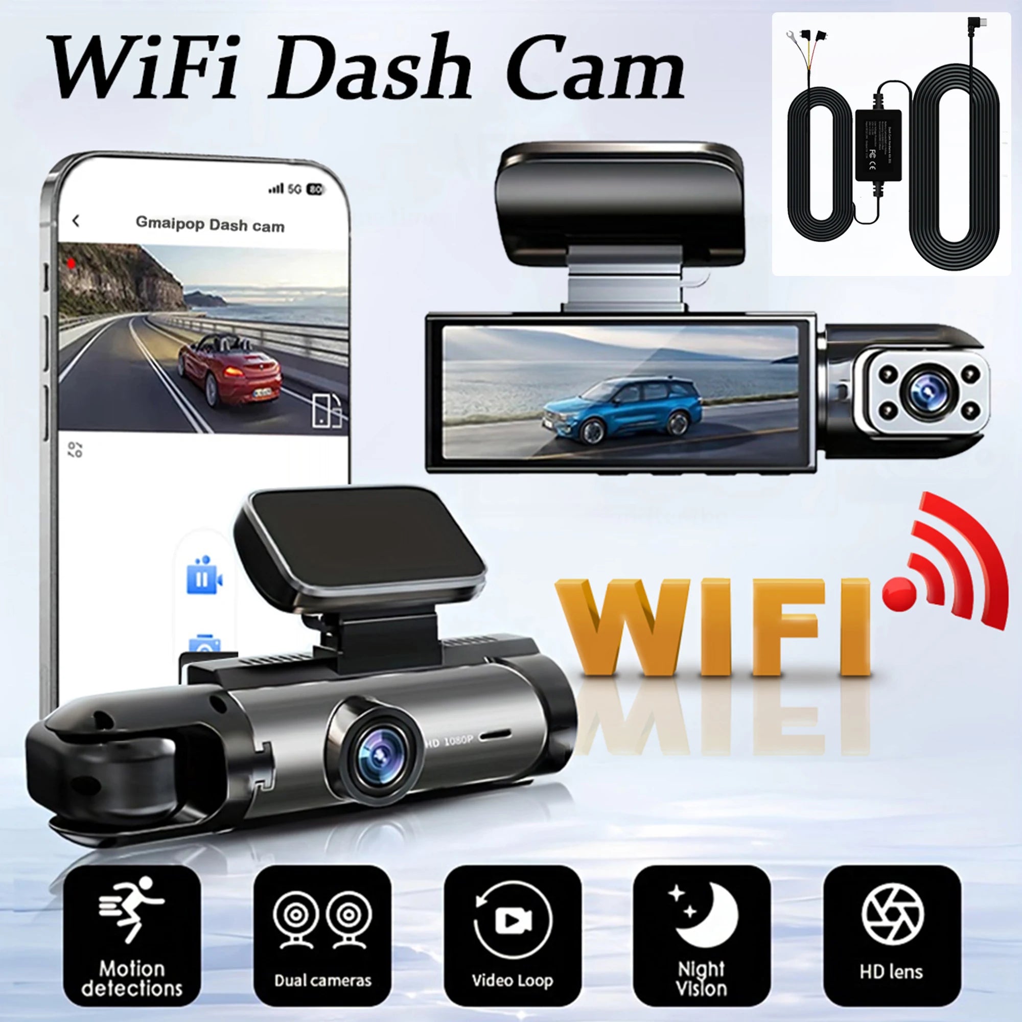 Dashcam WiFi 1080p Double Objectif – Vision Nocturne IR, G-Sensor, Grand Angle 170°, App Framefox – CLEVI Paris