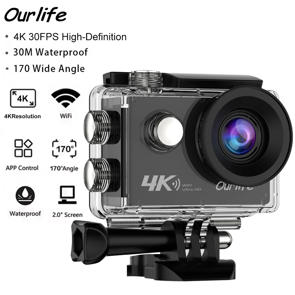 Caméra d'Action 4K Ultra HD OURLIFE Q100 – 16MP, WiFi, Étanche 30m, Grand Angle 170°