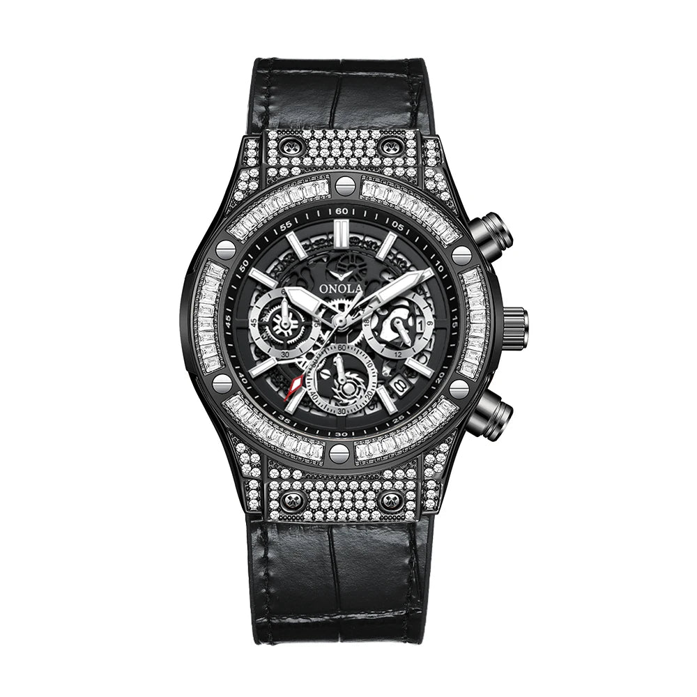 ONOLA ON6856 – Montre Quartz Homme | Diamants, Calendrier, Bracelet Cuir, Étanche 3 Bar