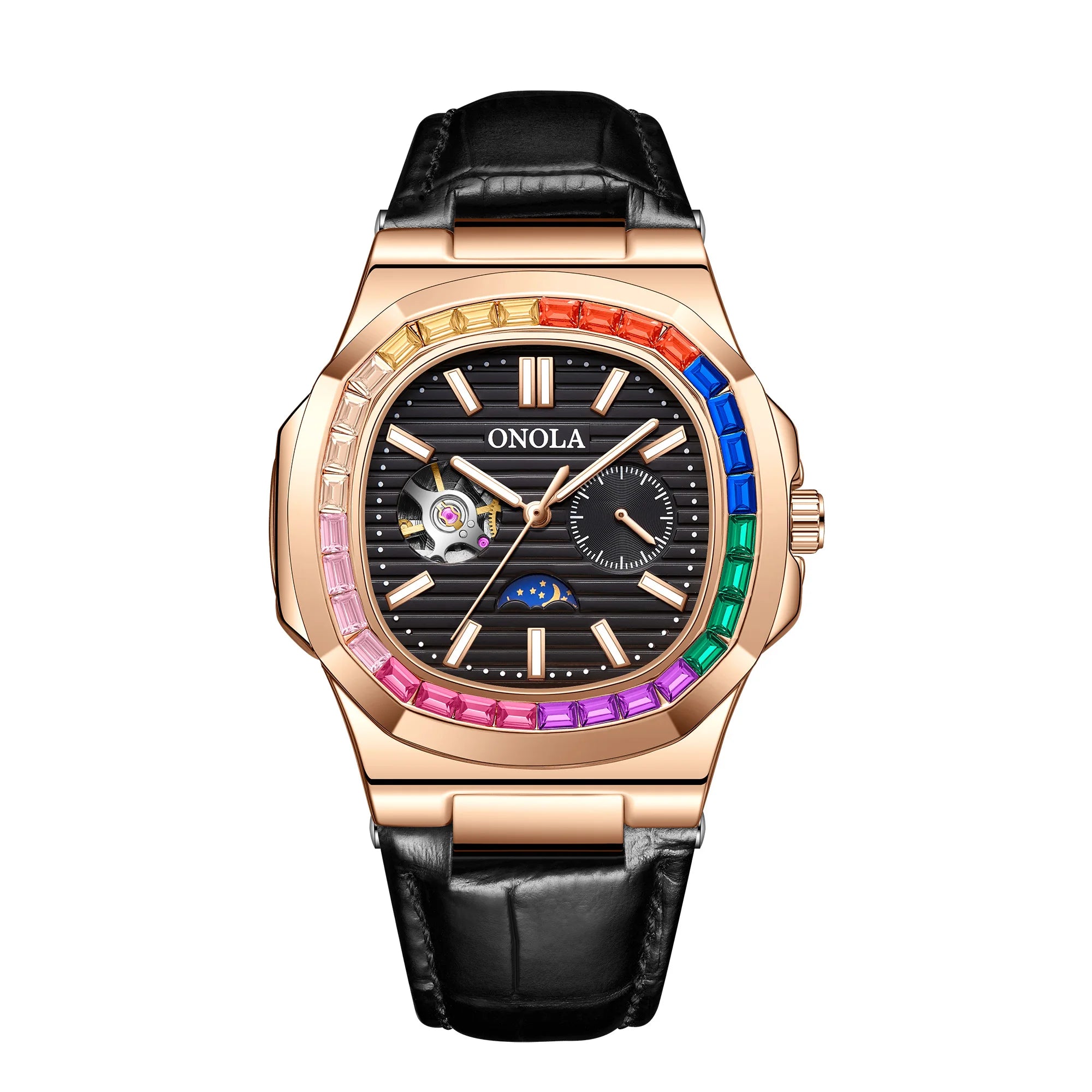 Montre ONOLA ON3855CH – Mécanique Automatique Squelette, Diamants, Bracelet Cuir, Étanche 3 ATM – CLEVI Paris