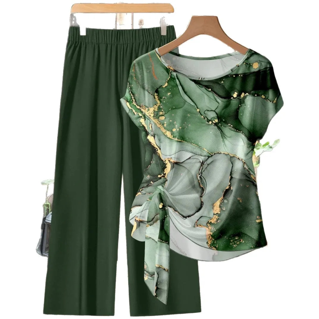 Ensemble 2 Pièces Femme Top Nœud Manches 3/4 + Pantalon Large Imprimé Casual – CLEVI Paris