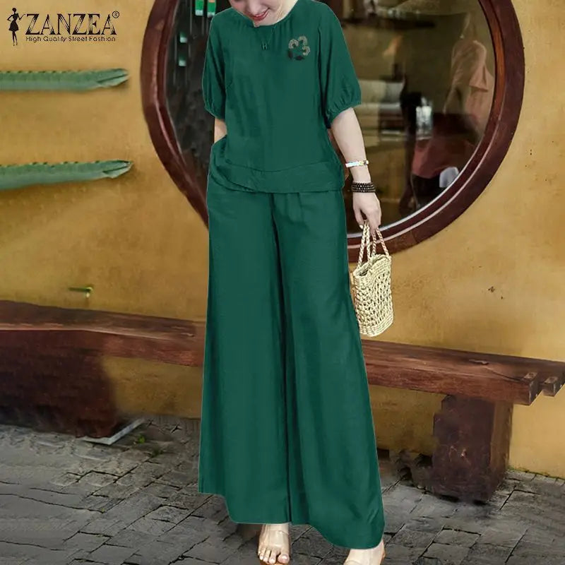 Ensemble 2 Pièces Femme Blouse Manches Bouffantes Broderie Florale + Pantalon Large Casual Bohème – CLEVI Paris