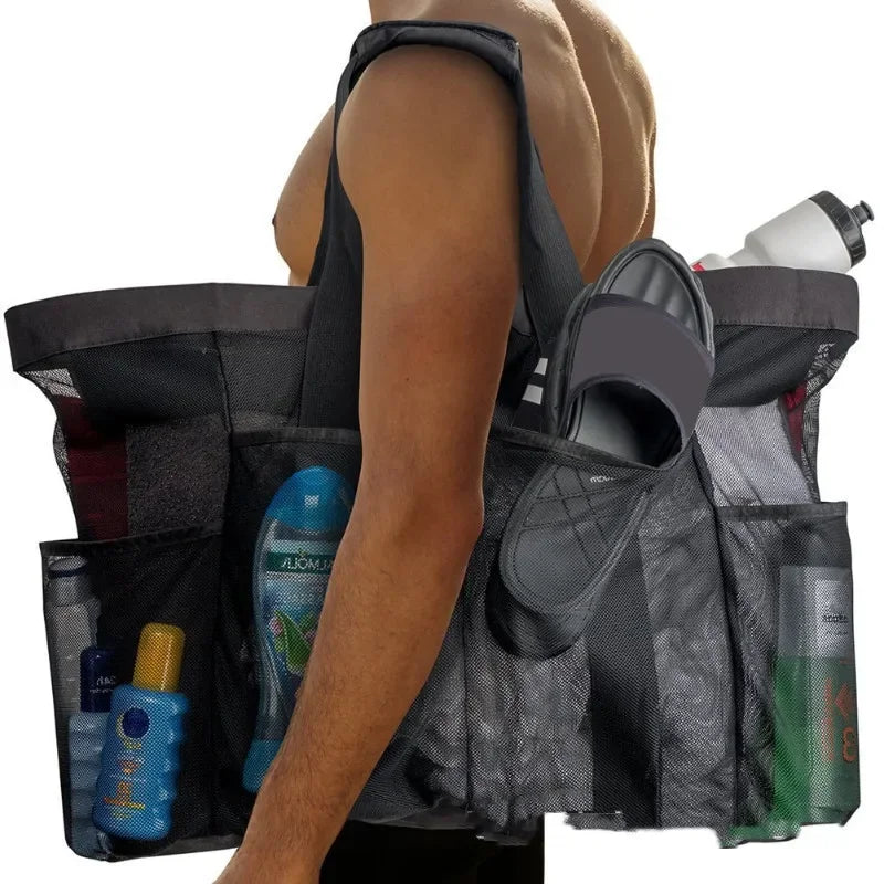 Grand Sac de Plage en Filet Nylon — Multi-Poches, Léger & Pliable, Bleu Noir Jaune | CLEVI Paris