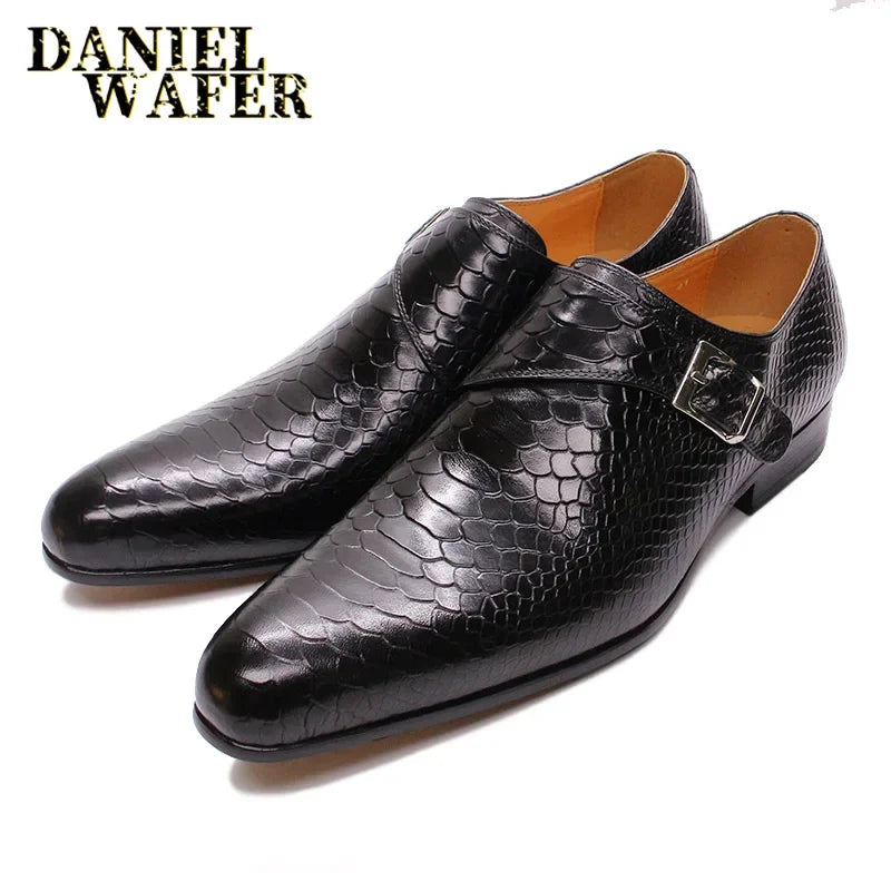 Mocassins Monk Strap Homme Cuir Vache Imprimé Serpent Respirant Talon 2,8cm Bureau Mariage – CLEVI Paris