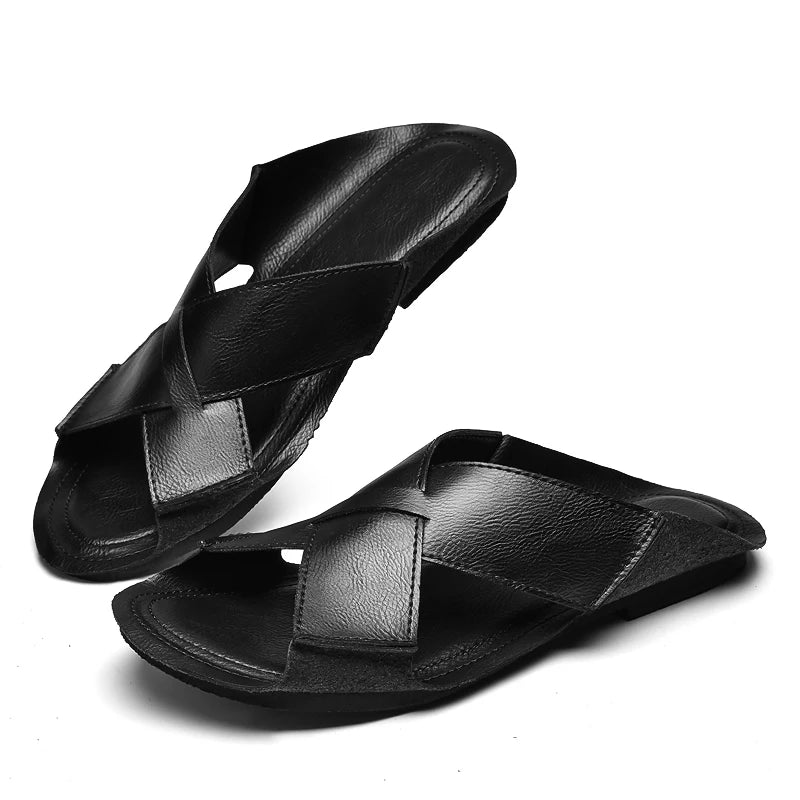 Sandales Homme Été – Cuir Fendu Plissé, Open-Toe, Slides Plage & Outdoor | Marron ou Noir