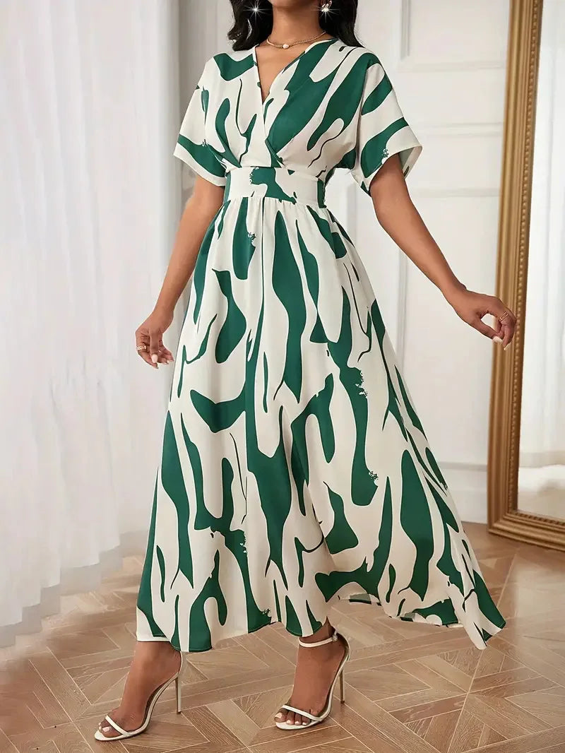 Robe Femme Col V Manches Courtes Imprimé Abstrait A-Line Taille Empire Casual Été – CLEVI Paris
