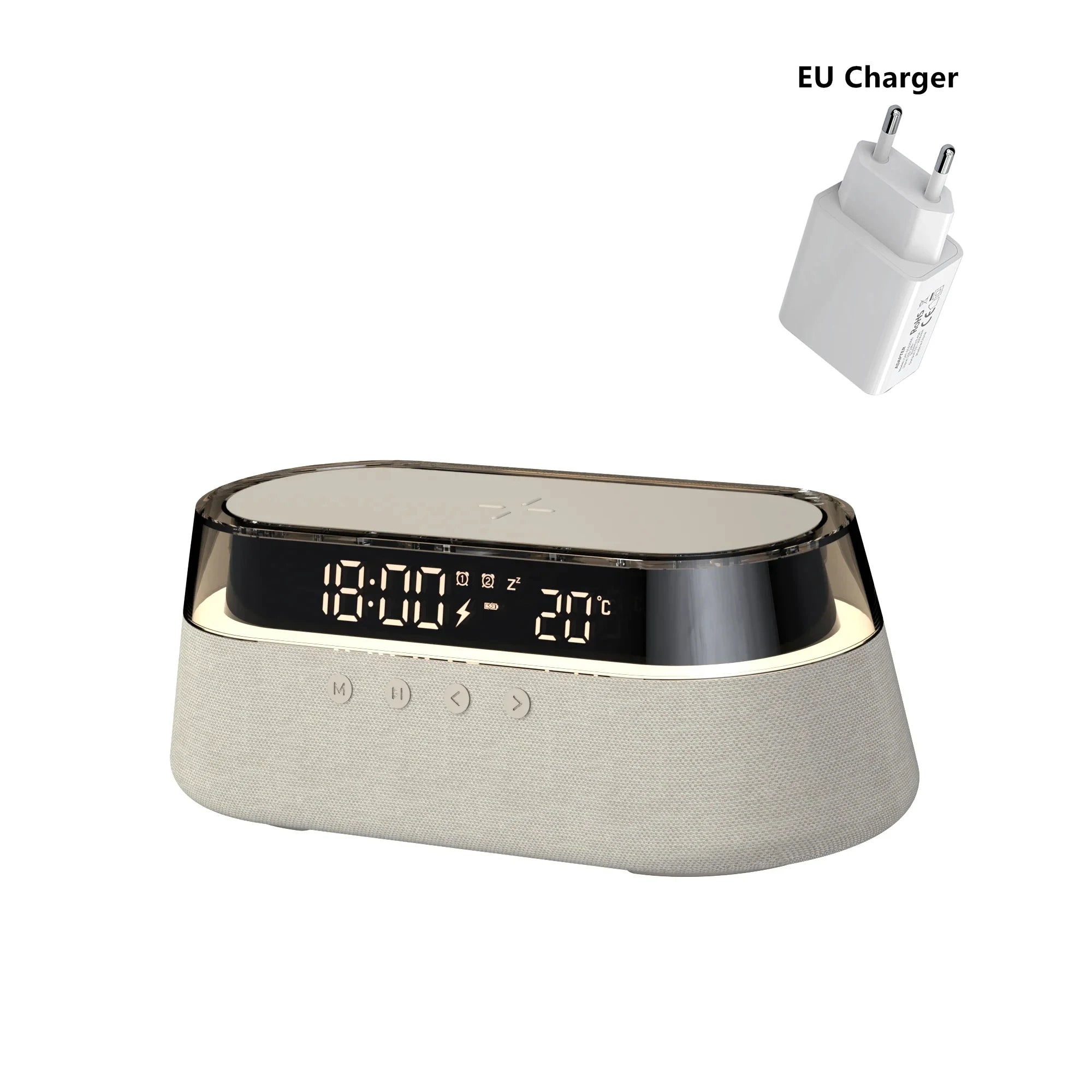 Réveil Intelligent 6-en-1 Chargeur Sans Fil 15W Enceinte Bluetooth Radio FM LED RGB – CLEVI Paris