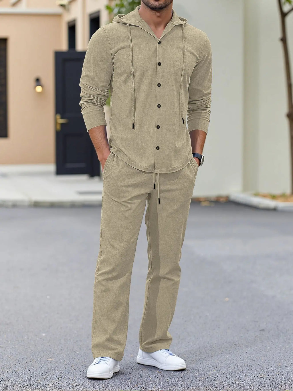 Ensemble Homme Chemise Lin À Capuche Manches Longues + Pantalon Cordon Casual Streetwear Voyage – CLEVI Paris