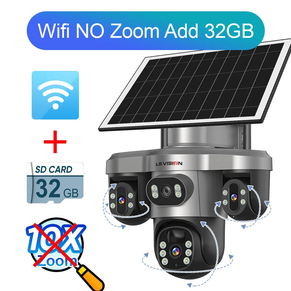 Caméra Solaire LS VISION 20MP 4 Objectifs 3 Écrans PTZ Zoom 10x 4G/Wi-Fi IP66 V380 Pro – CLEVI Paris