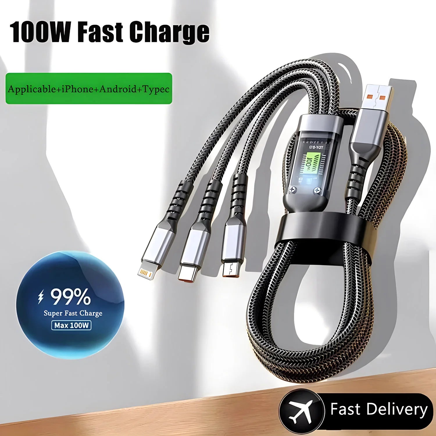 Câble 3-en-1 Charge Rapide 100W USB-A — CLEVI Paris