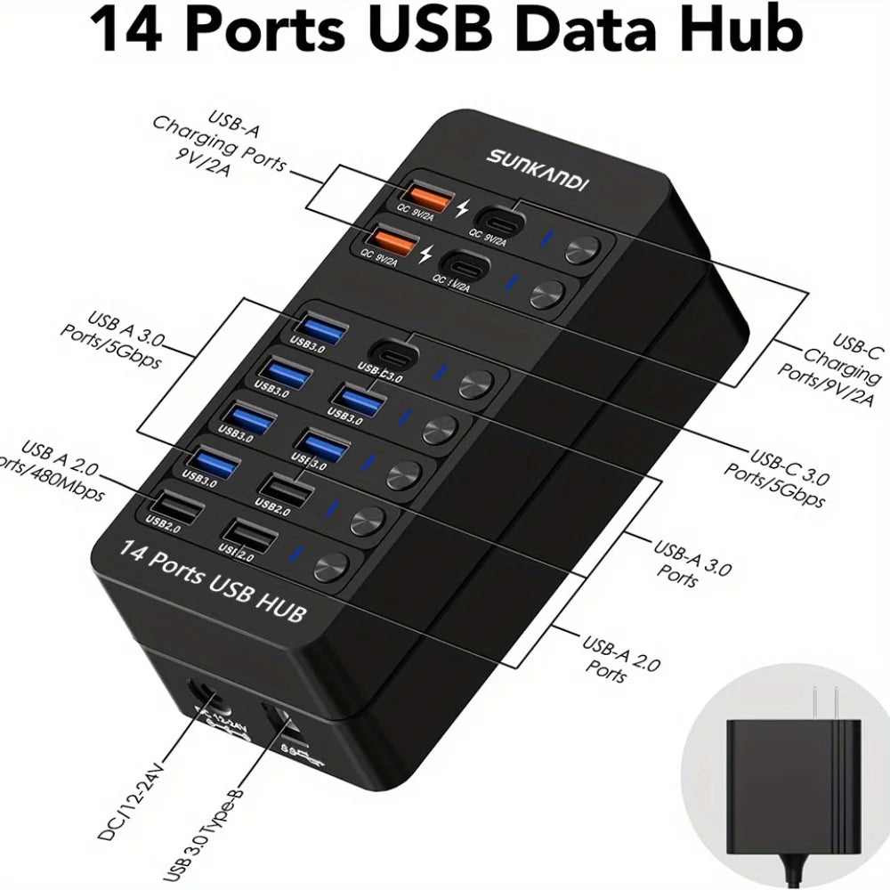 Hub USB Alimenté SUNKANDI 14-en-1 LED ON/OFF USB 3.0 2.0 Charge A/C Noir – CLEVI Paris