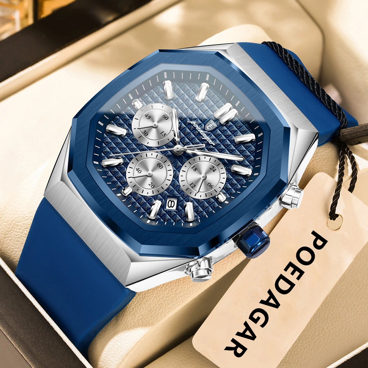 POEDAGAR Montre Quartz Homme Chronographe Carré Silicone Lumineux Date Auto – CLEVI Paris