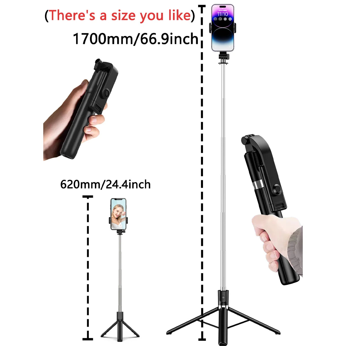 Perche selfie télescopique Bluetooth noire – CLEVI Paris
