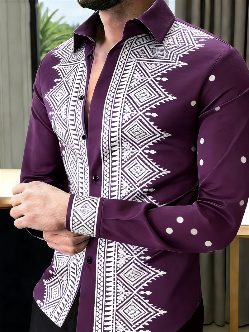 Chemise Homme Manches Longues – Imprimé 3D Luxe & Pois Dorés