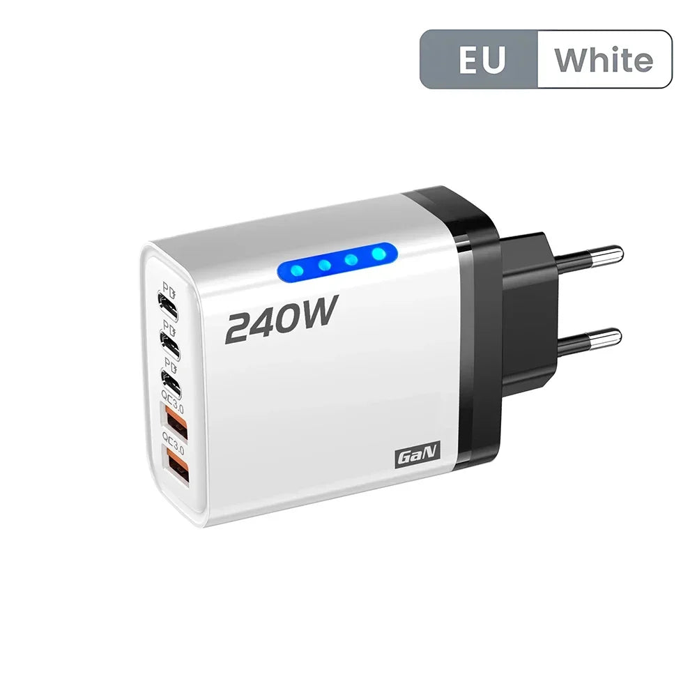 Chargeur GaN 5-en-1 240W 3PD 2USB EU/US + Câble – CLEVI Paris
