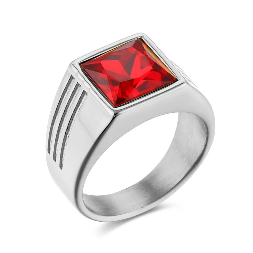Bague carrée homme en acier et zircon rouge – CLEVI Paris
