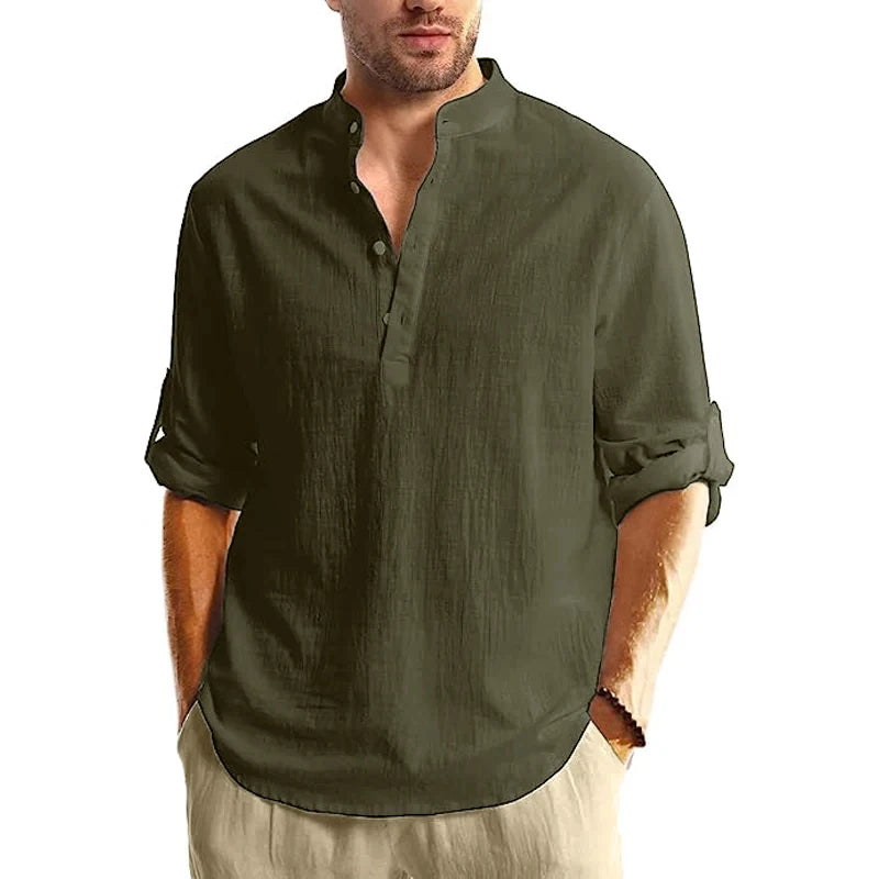 Chemise Henley Homme Manches Longues 100% Coton – Col Montant, Style Streetwear Casual, Grande Taille
