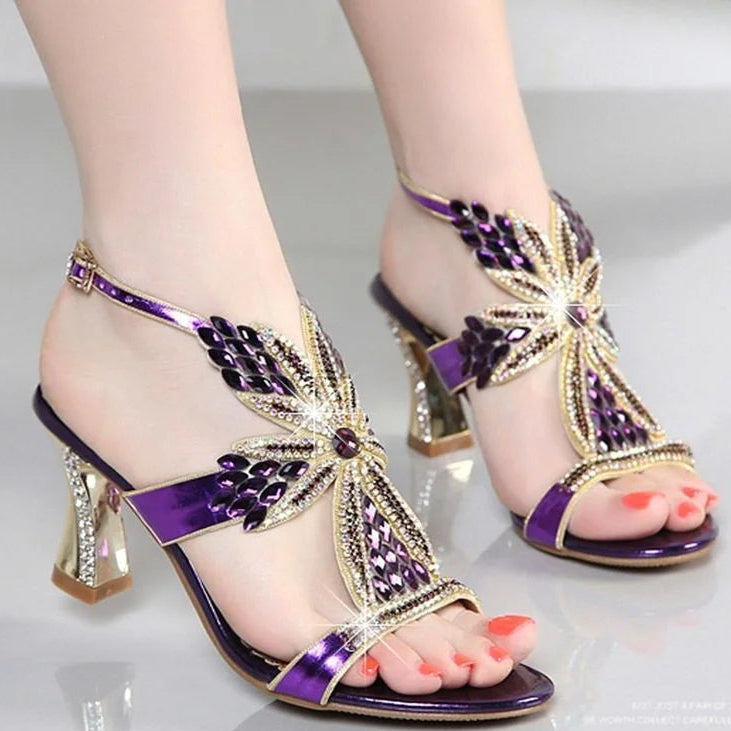 Sandales Femme Talon Carré Cuir Véritable Strass Bout Ouvert Mariage – CLEVI Paris