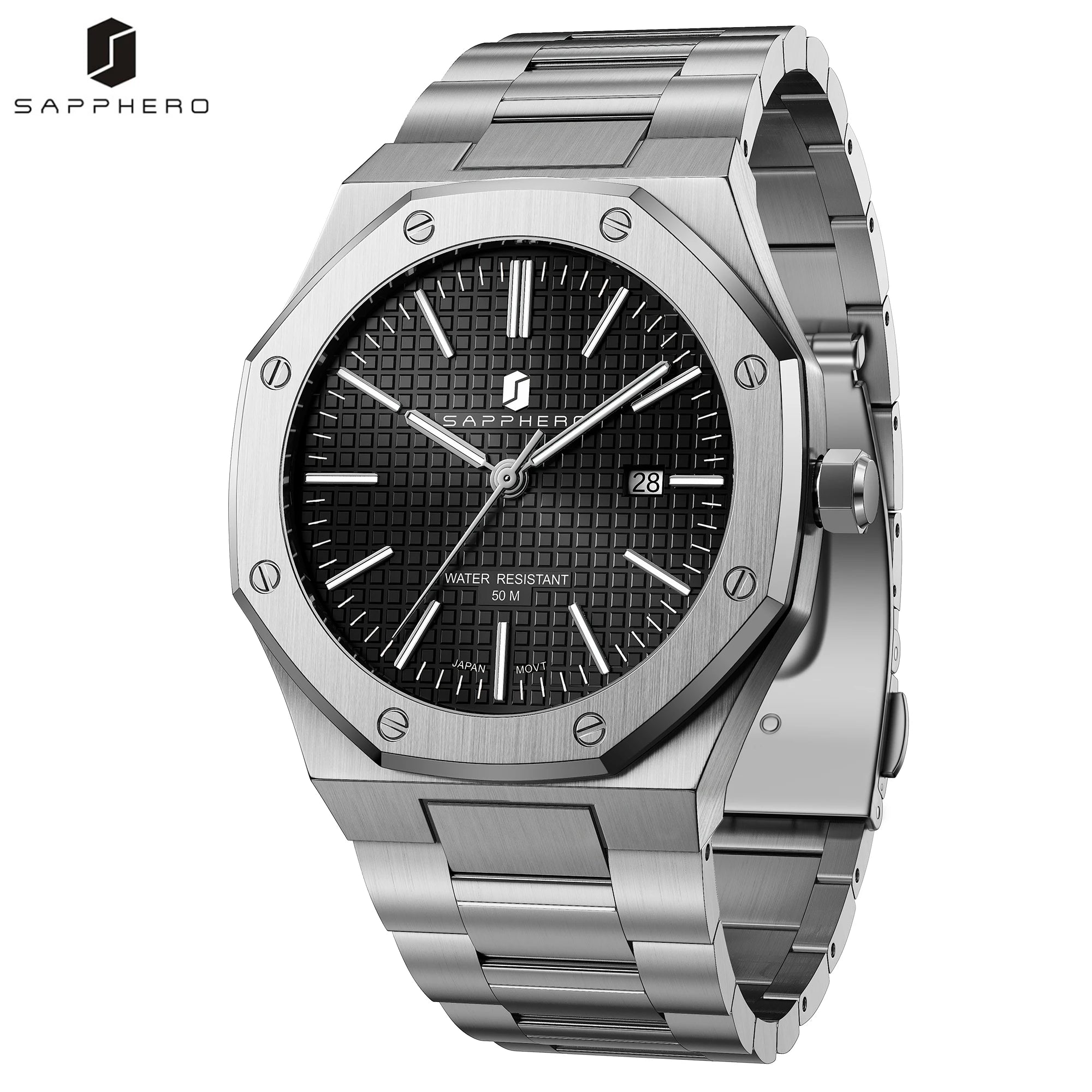 Montre SAPPHERO SO2110 – Quartz Seiko TMI PC32, Acier 316L, Cadran Octogonal, Date, Aiguilles Lumineuses, Étanche 5 ATM – CLEVI Paris