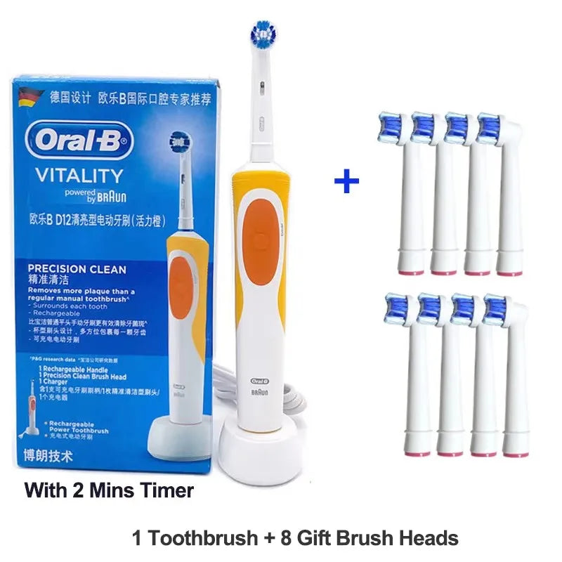 Brosse à Dents Électrique Oral-B D12 – Vibration Rotatoire 2D, IPX7, Minuterie 2 min – 4 Têtes Offertes