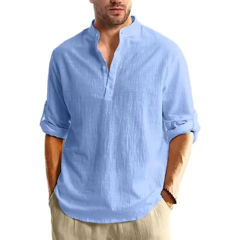 Chemise Henley Homme Manches Longues 100% Coton – Col Montant, Style Streetwear Casual, Grande Taille