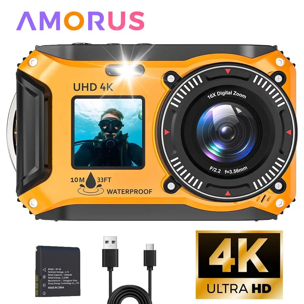 Appareil Photo Sous-Marin 4K 64MP AMORUS – Étanche 10m, Double Écran IPS, Autofocus, Flottant, Snorkeling & Plongée – CLEVI Paris