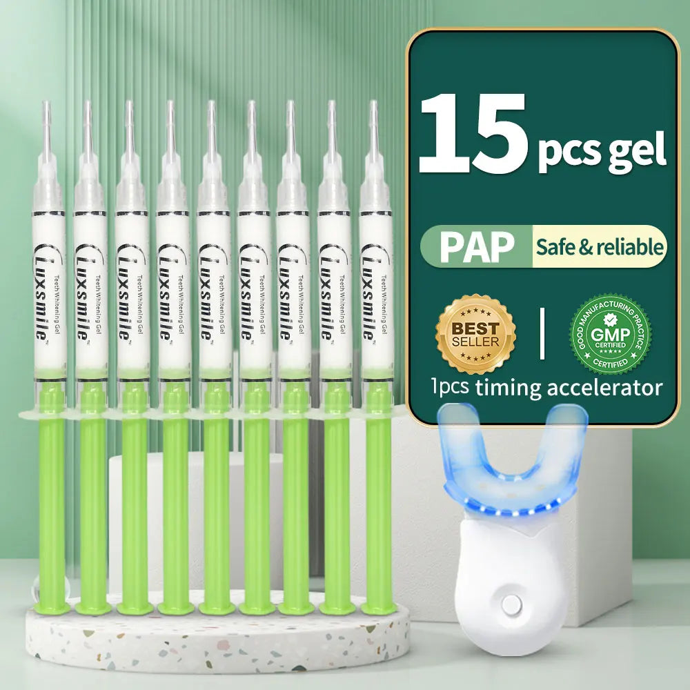 Kit Blanchiment Dentaire PAP Luxsmile | 15 Doses Gel + Lumière LED | Sans Peroxyde, Dents Sensibles – CLEVI Paris