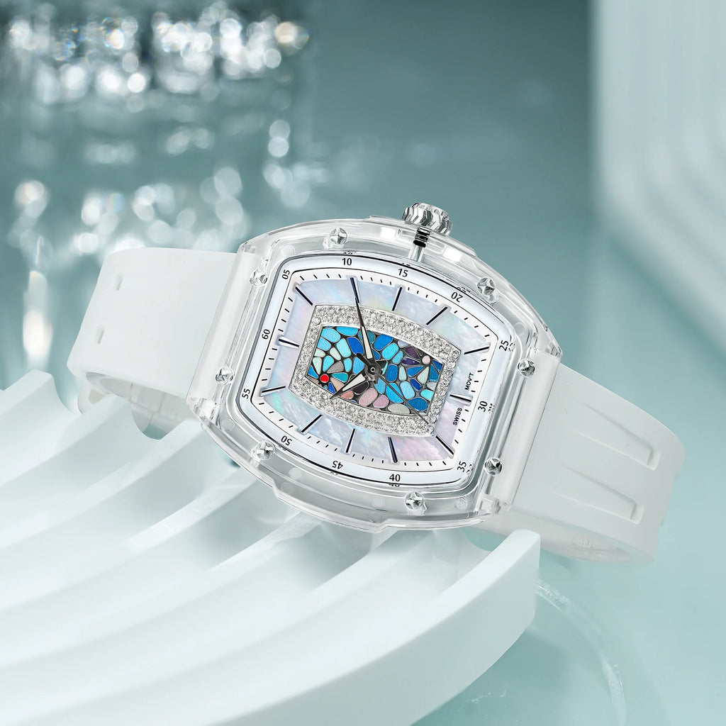 TSAR BOMBA TB8219 Montre Femme Quartz Suisse Nacre Zircons Boîtier Acrylique Bracelet Fluoroélastomère – CLEVI Paris