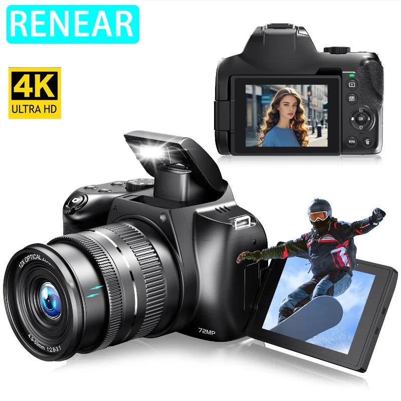 Appareil Photo Numérique Renear 4K – 72MP, Zoom 12x, Écran Rotatif, WiFi, Fill-in, Webcam, Vlogging & Live – CLEVI Paris