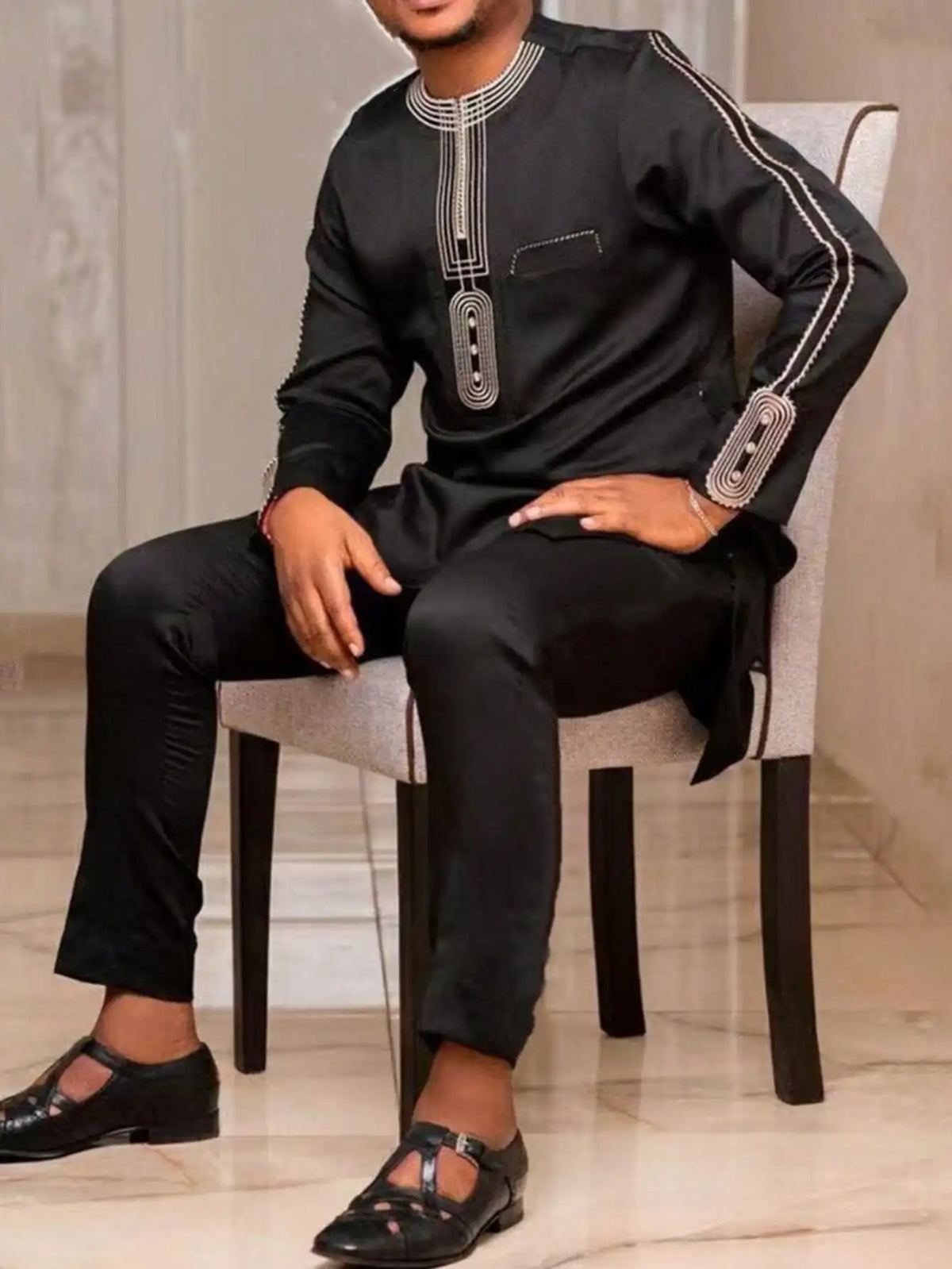 Kaftan Homme 2 Pièces Brodé Floral Col Mao Manches Longues + Pantalon Élastique Style Africain Mariage M-4XL – CLEVI Paris